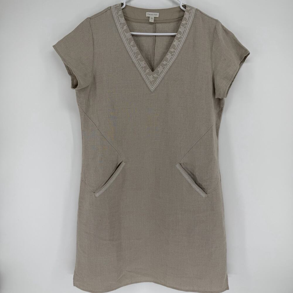 Garnet Hill 100% Linen EMBROIDERED Shift Dress Stone Beige Pockets Womens Size 8